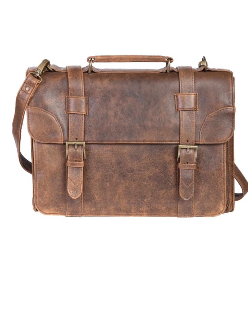 Scully Distressed Brown Leather Briefcase with Buckle Straps retails for $562